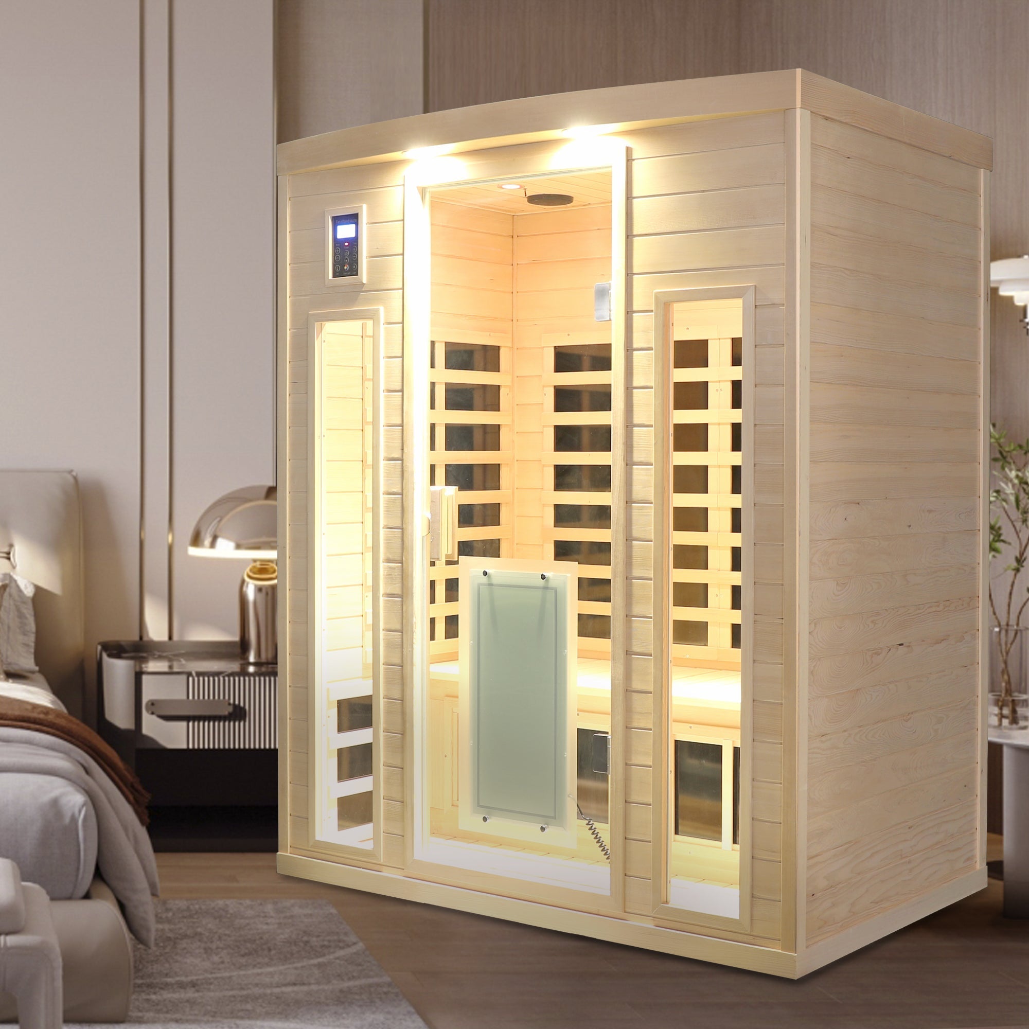 Low EMF, There is also a heating plate on the glass door, Hemlock wood Far-infrared indoor Three person sauna room